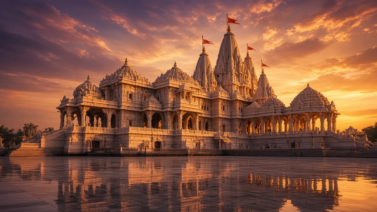Ayodhya Ram Mandir glowing at sunset, reflected in still water